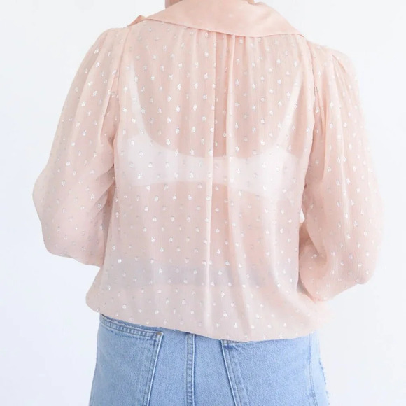 Rebecca Taylor Peach Silk Polka Dot Metallic Tie Neck Ruffle Long Sleeve Blouse2 - Picture 3 of 11